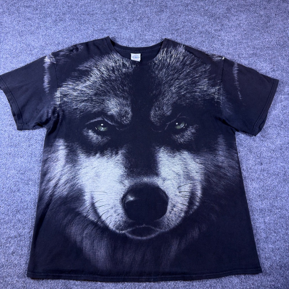 Vintage Delta Pro Weight Wolf Face All Over Print T-Shirt Black Mens XL